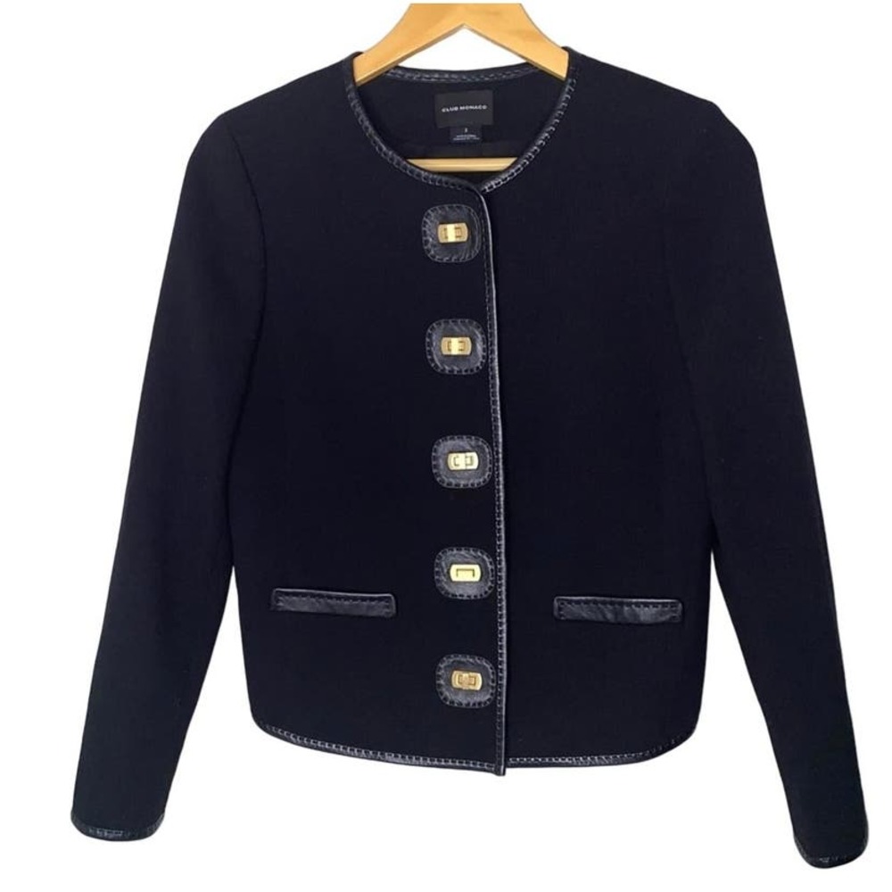 Club Monaco Blazer Women Size 2 Black Jacket With 100% Lamb Leather Trim *